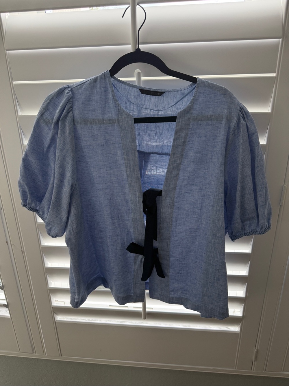 Zara Light Blue Puff Sleeve Tie-Front Blouse with Black Ties